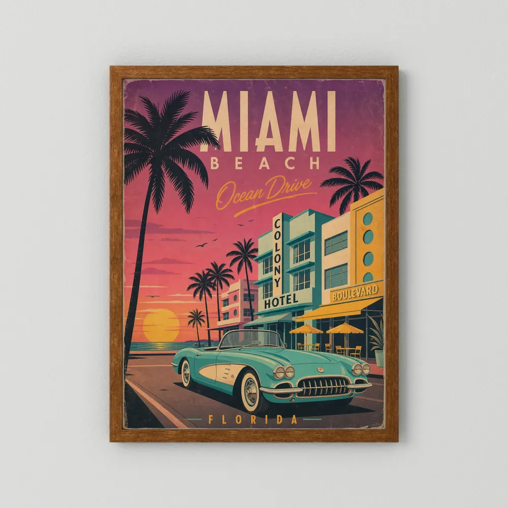Miami Beach Ocean Drive Art Deco Vintage Travel Poster