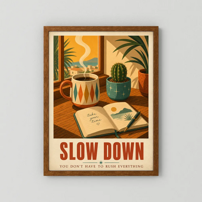 Slow Down – Retro Coffee & Journal Art Print