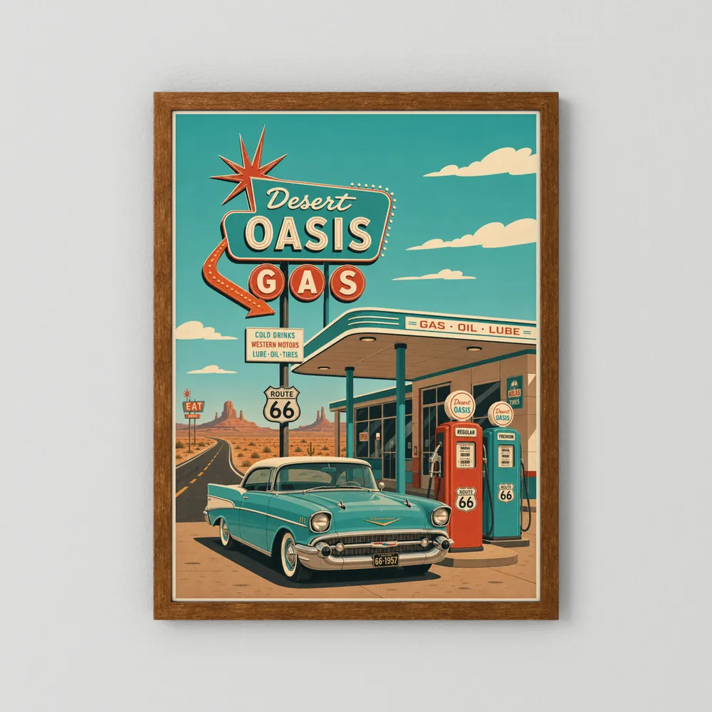 Desert Oasis Gas Station Route 66 Vintage Art Print