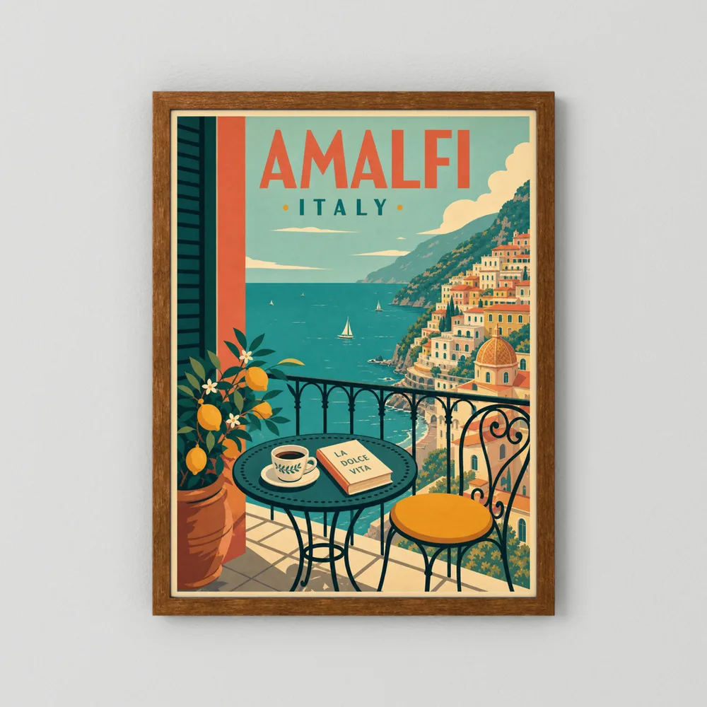 Amalfi Italy Coast Balcony Vintage Travel Poster Art Print