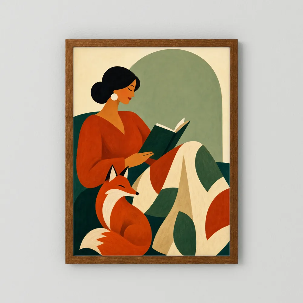 Woman Reading with Fox Mid-Century Retro Art Print