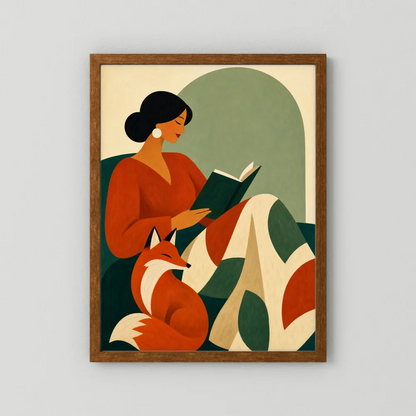 Woman Reading with Fox Mid-Century Retro Art Print