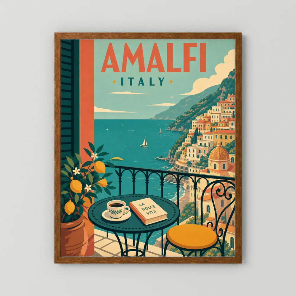 Amalfi Italy Coast Balcony Vintage Travel Poster Art Print