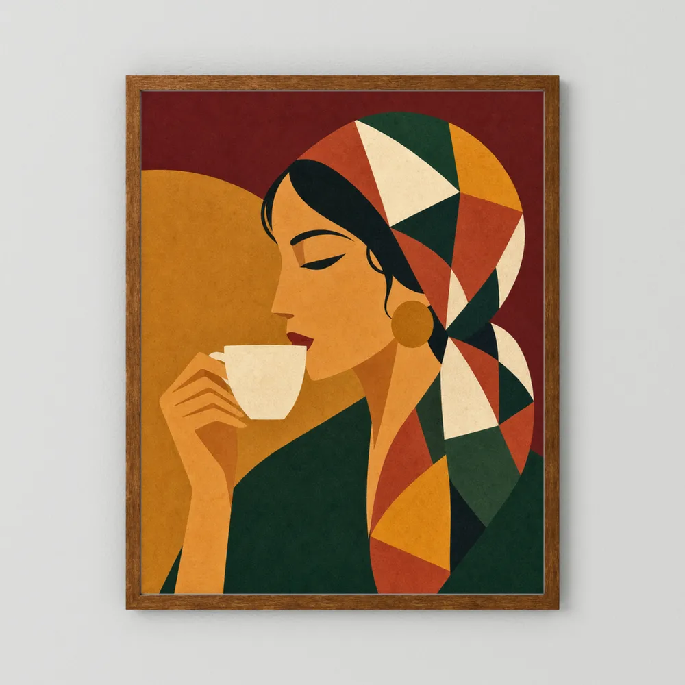 Woman Drinking Coffee with Geometric Headscarf Retro Art Print
