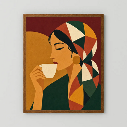 Woman Drinking Coffee with Geometric Headscarf Retro Art Print