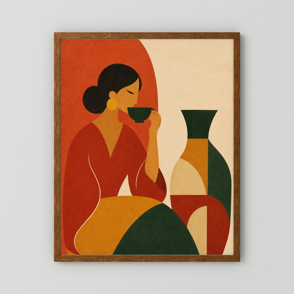 Woman Sipping Tea with Patterned Vase Boho Minimalist Art Print