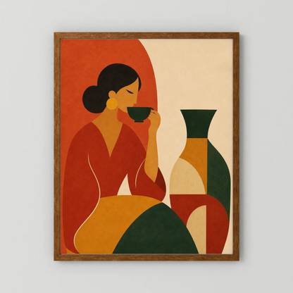 Woman Sipping Tea with Patterned Vase Boho Minimalist Art Print
