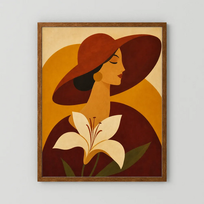 Woman in Sun Hat with White Lily Retro Art Print