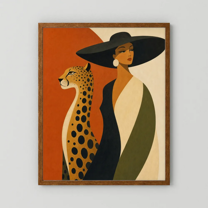 Glamorous Woman in Black Hat with Cheetah Mid-Century Art Print