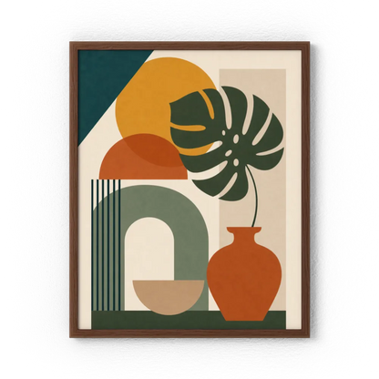Mid-Century Monstera & Abstract Shapes Art Print