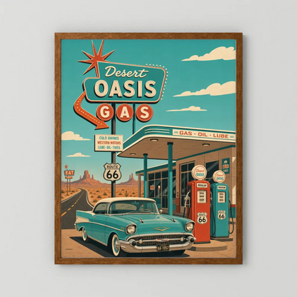 Desert Oasis Gas Station Route 66 Vintage Art Print