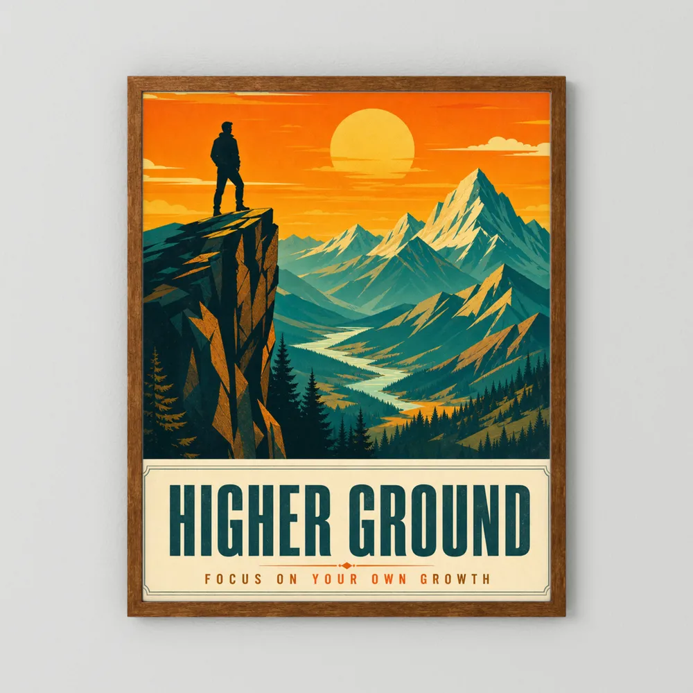 Higher Ground – Retro Mountain Landscape Art Print