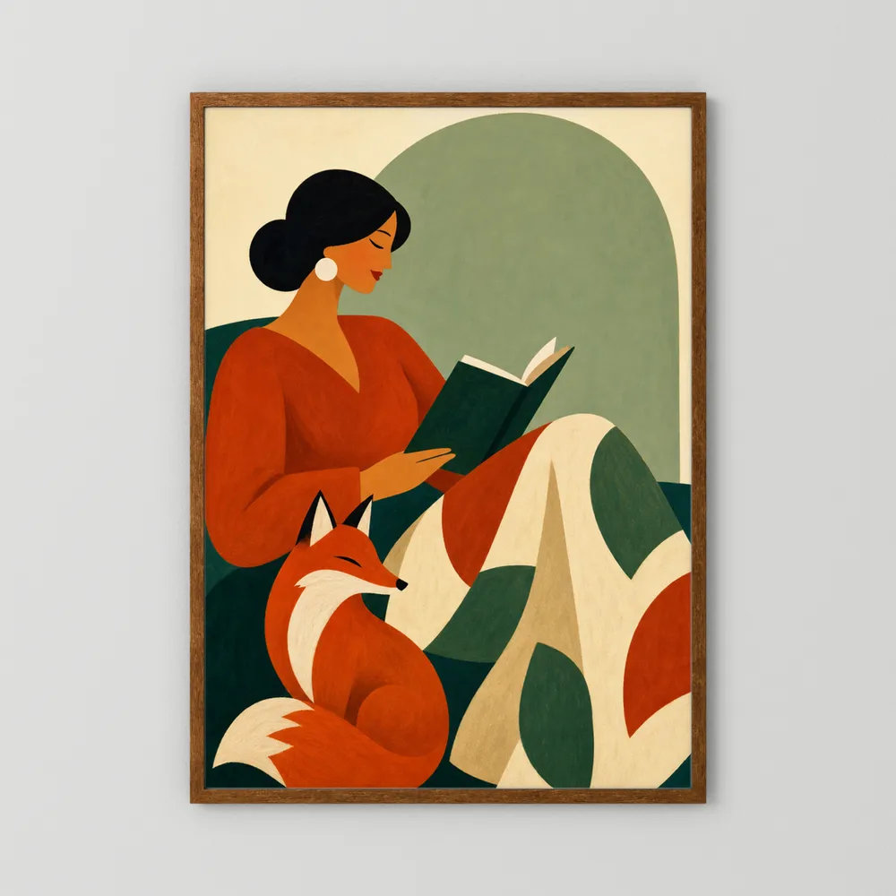 Woman Reading with Fox Mid-Century Retro Art Print