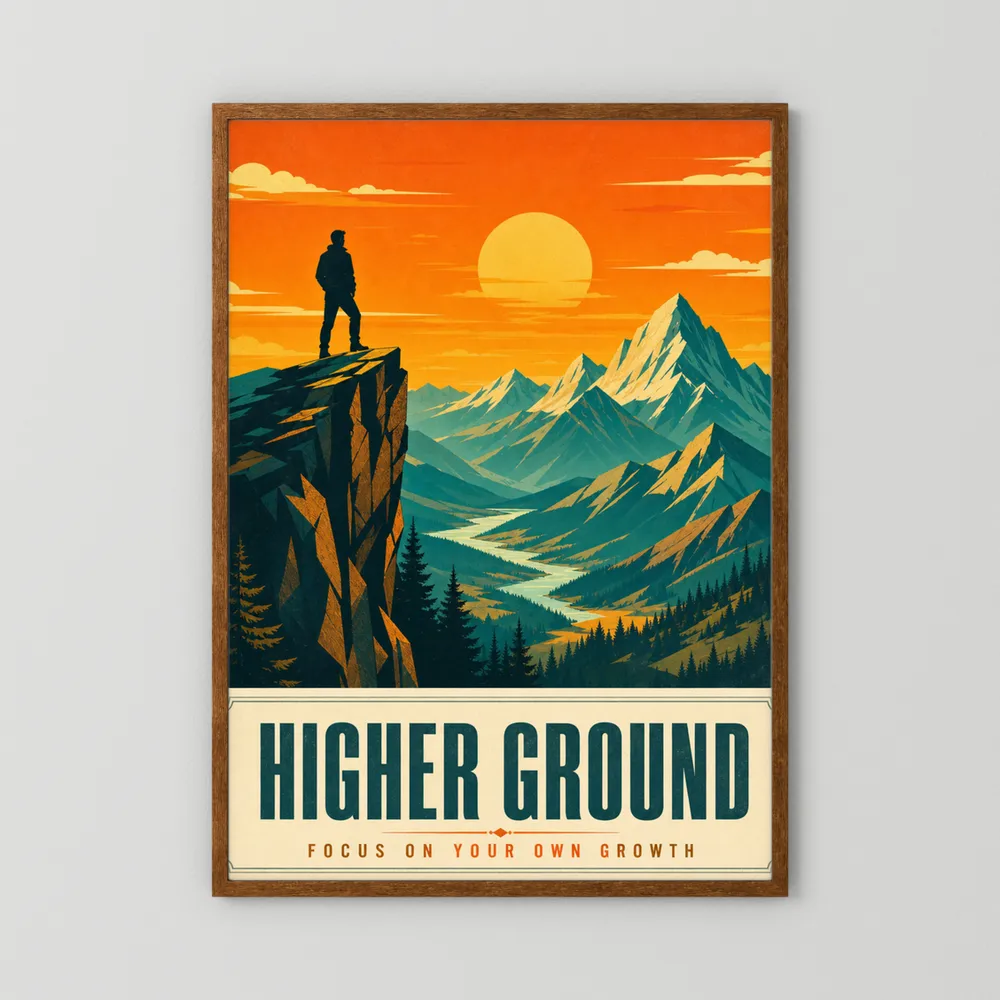 Higher Ground – Retro Mountain Landscape Art Print