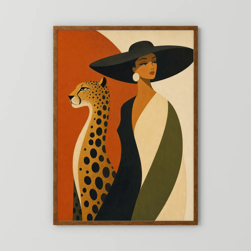 Glamorous Woman in Black Hat with Cheetah Mid-Century Art Print