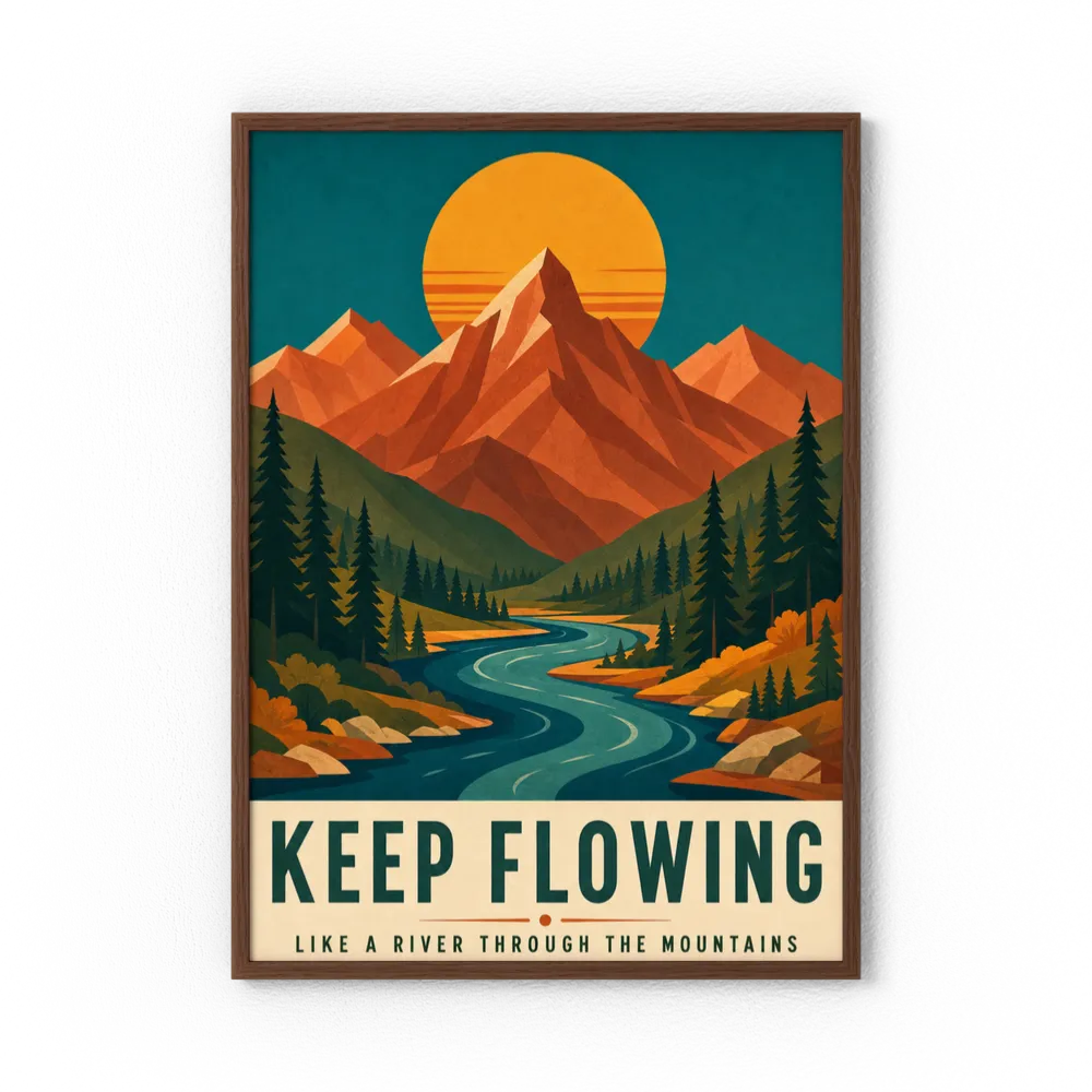 Keep Flowing – Retro Mountain & River Art Print