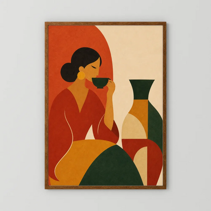 Woman Sipping Tea with Patterned Vase Boho Minimalist Art Print