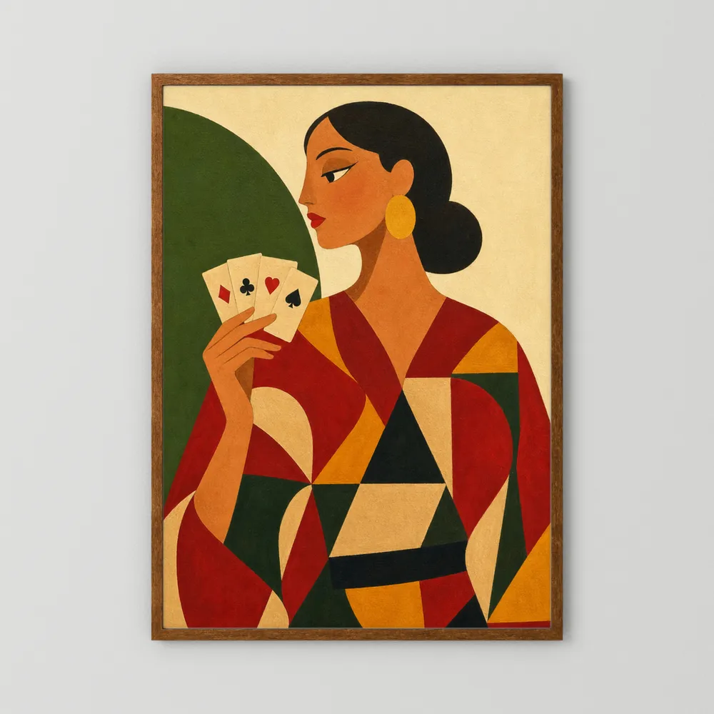 Woman Holding Playing Cards Mid-Century Art Deco Print