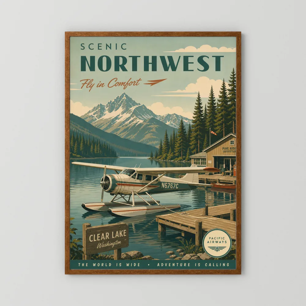 Scenic Northwest Clear Lake Washington Seaplane Vintage Travel Poster Art Print