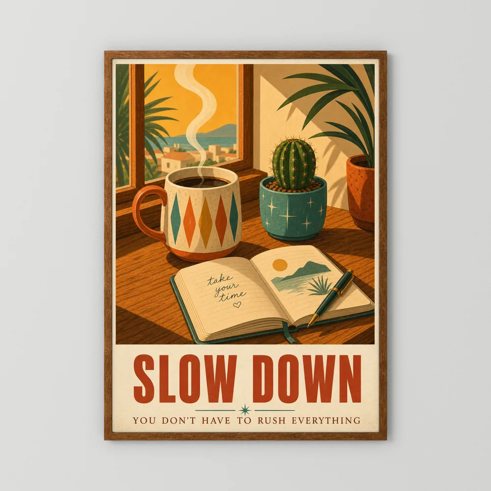 Slow Down – Retro Coffee & Journal Art Print