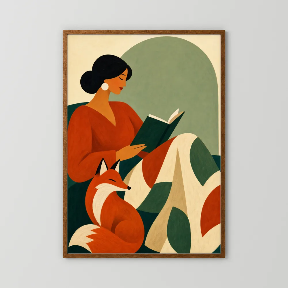 Woman Reading with Fox Mid-Century Retro Art Print