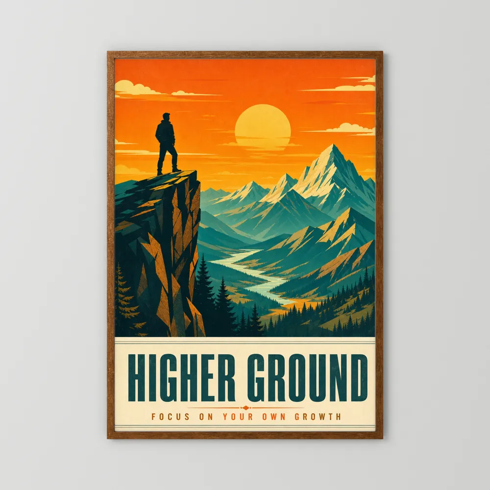 Higher Ground – Retro Mountain Landscape Art Print