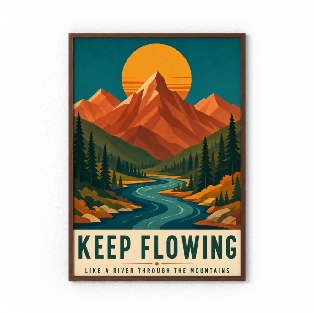 Keep Flowing – Retro Mountain & River Art Print