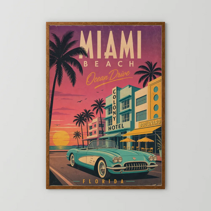 Miami Beach Ocean Drive Art Deco Vintage Travel Poster