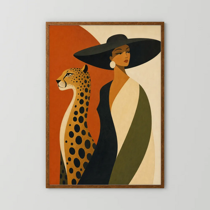 Glamorous Woman in Black Hat with Cheetah Mid-Century Art Print