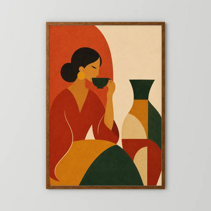 Woman Sipping Tea with Patterned Vase Boho Minimalist Art Print