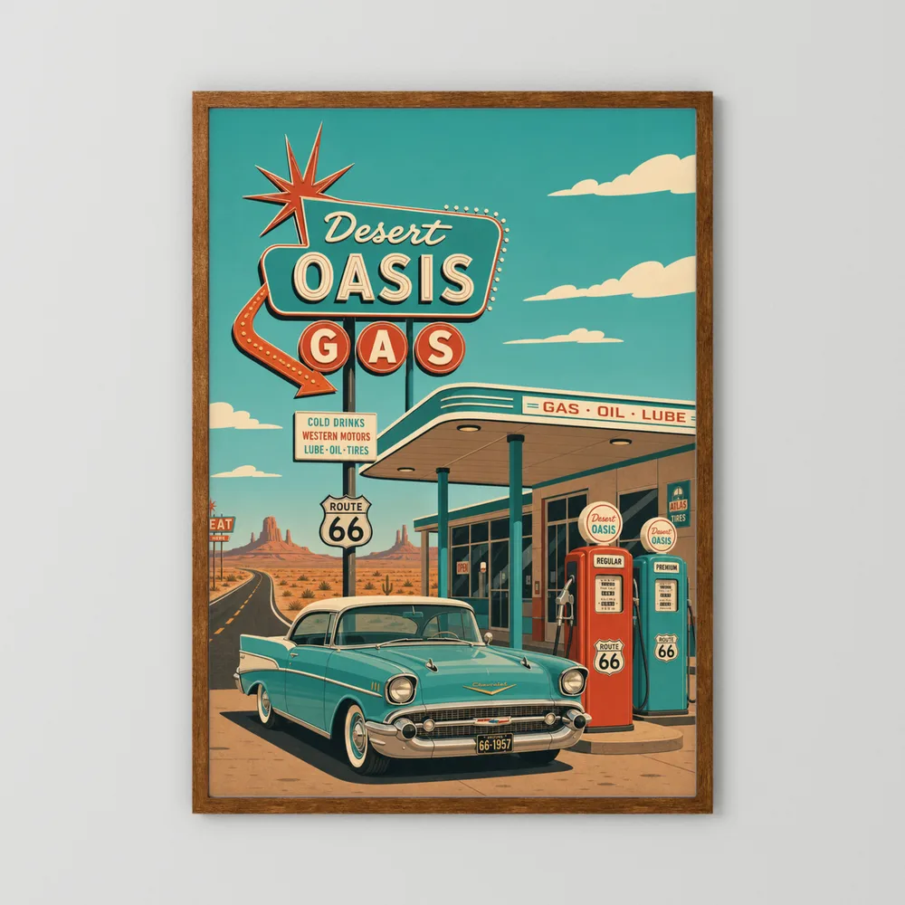 Desert Oasis Gas Station Route 66 Vintage Art Print