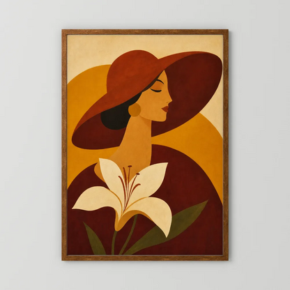 Woman in Sun Hat with White Lily Retro Art Print