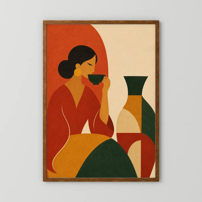 Woman Sipping Tea with Patterned Vase Boho Minimalist Art Print
