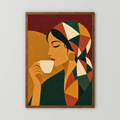 Woman Drinking Coffee with Geometric Headscarf Retro Art Print