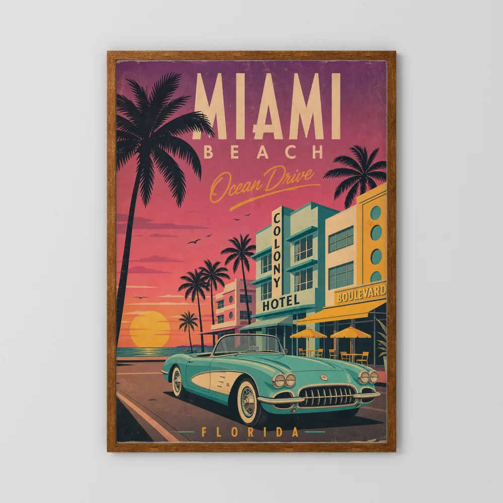 Miami Beach Ocean Drive Art Deco Vintage Travel Poster