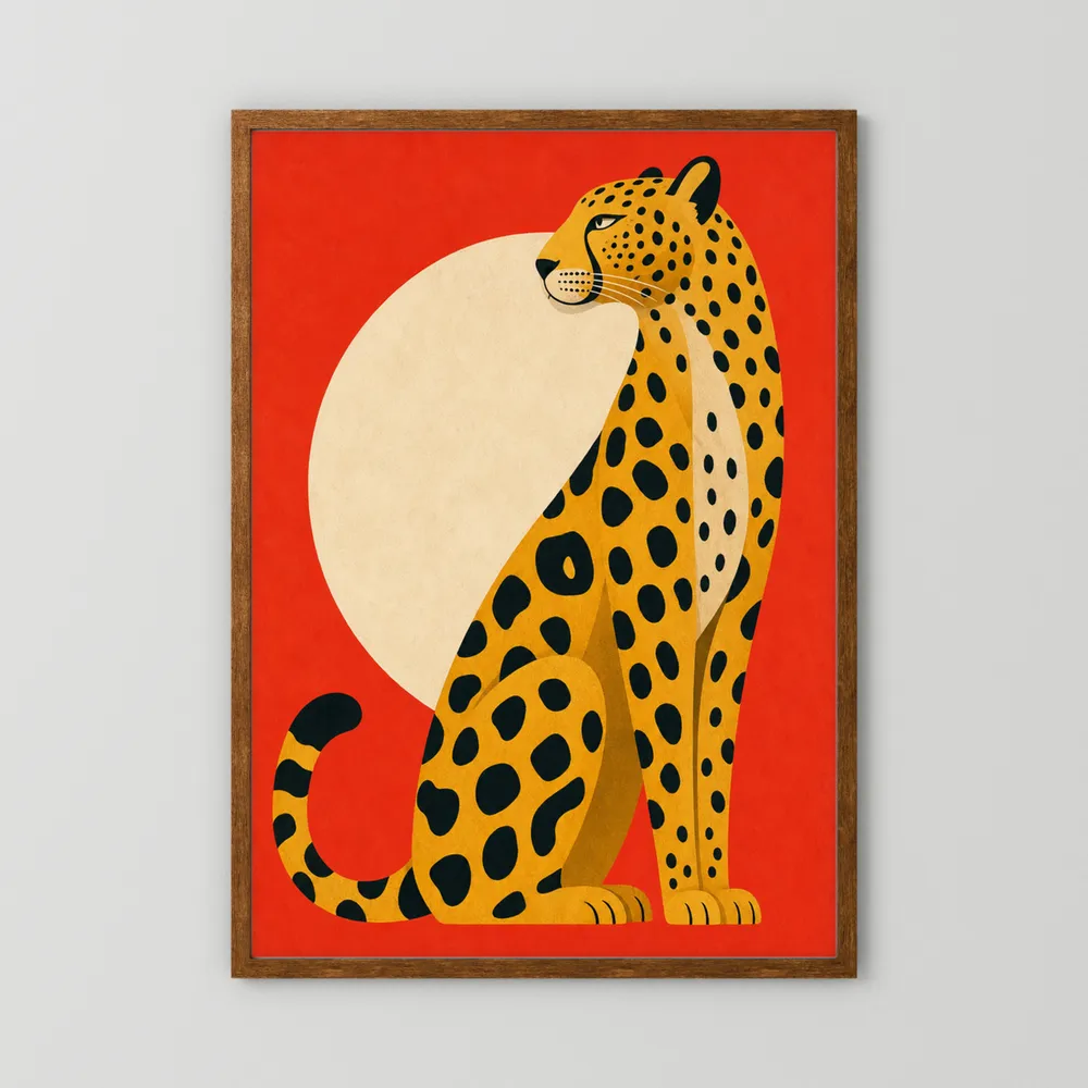 Mid-Century Modern Cheetah Red Sun Retro Art Print