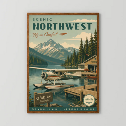 Scenic Northwest Clear Lake Washington Seaplane Vintage Travel Poster Art Print