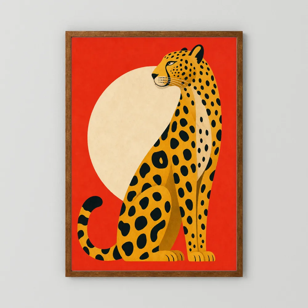 Mid-Century Modern Cheetah Red Sun Retro Art Print