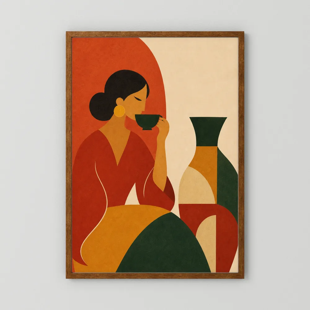 Woman Sipping Tea with Patterned Vase Boho Minimalist Art Print