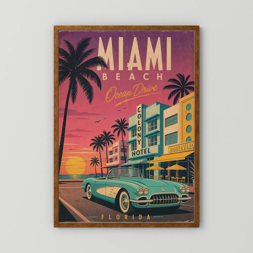 Miami Beach Ocean Drive Art Deco Vintage Travel Poster