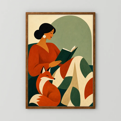 Woman Reading with Fox Mid-Century Retro Art Print