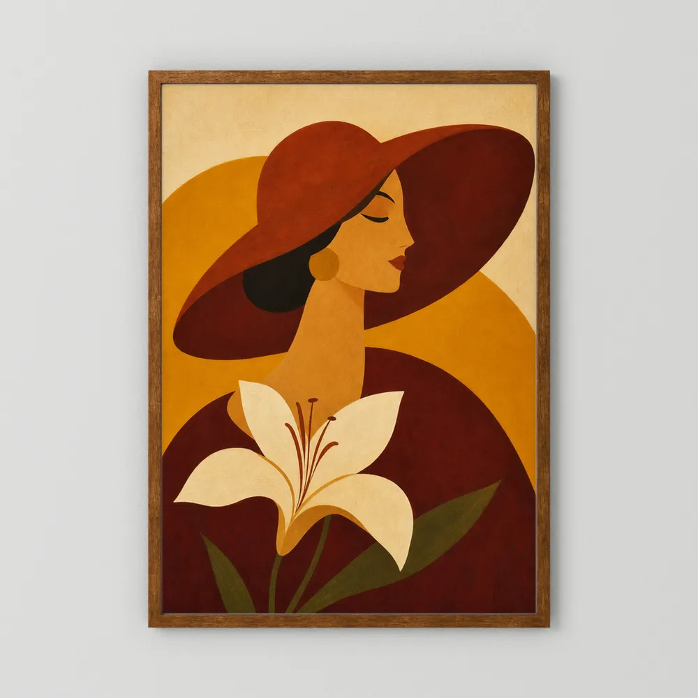 Woman in Sun Hat with White Lily Retro Art Print
