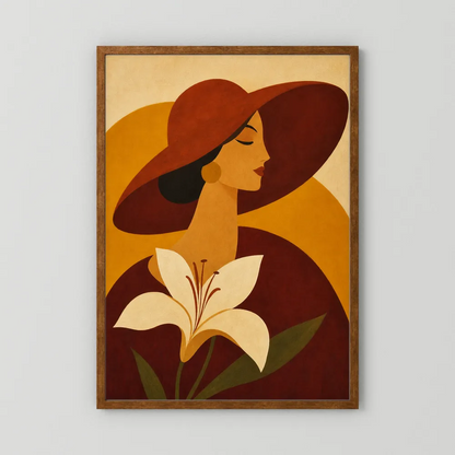Woman in Sun Hat with White Lily Retro Art Print