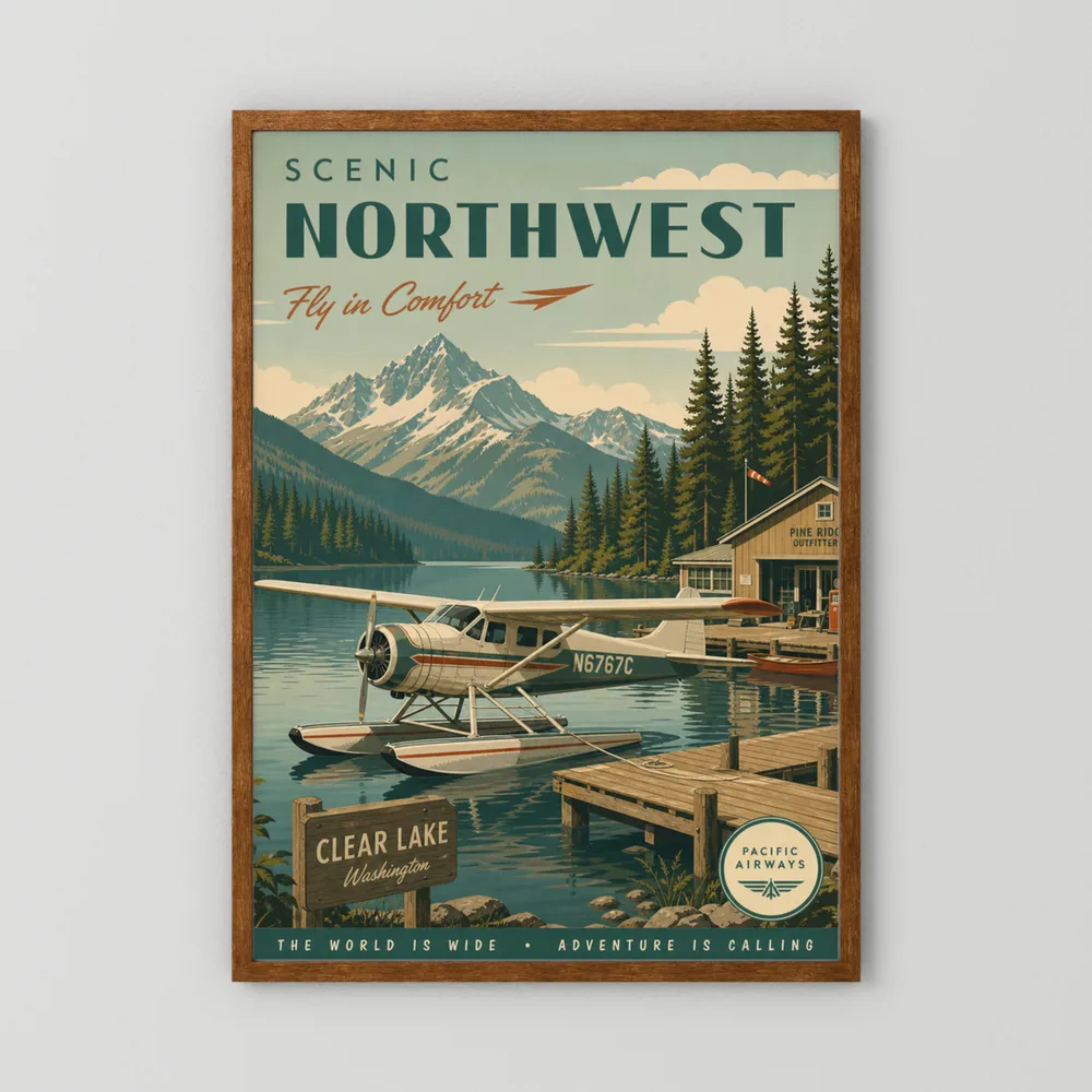 Scenic Northwest Clear Lake Washington Seaplane Vintage Travel Poster Art Print