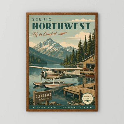 Scenic Northwest Clear Lake Washington Seaplane Vintage Travel Poster Art Print