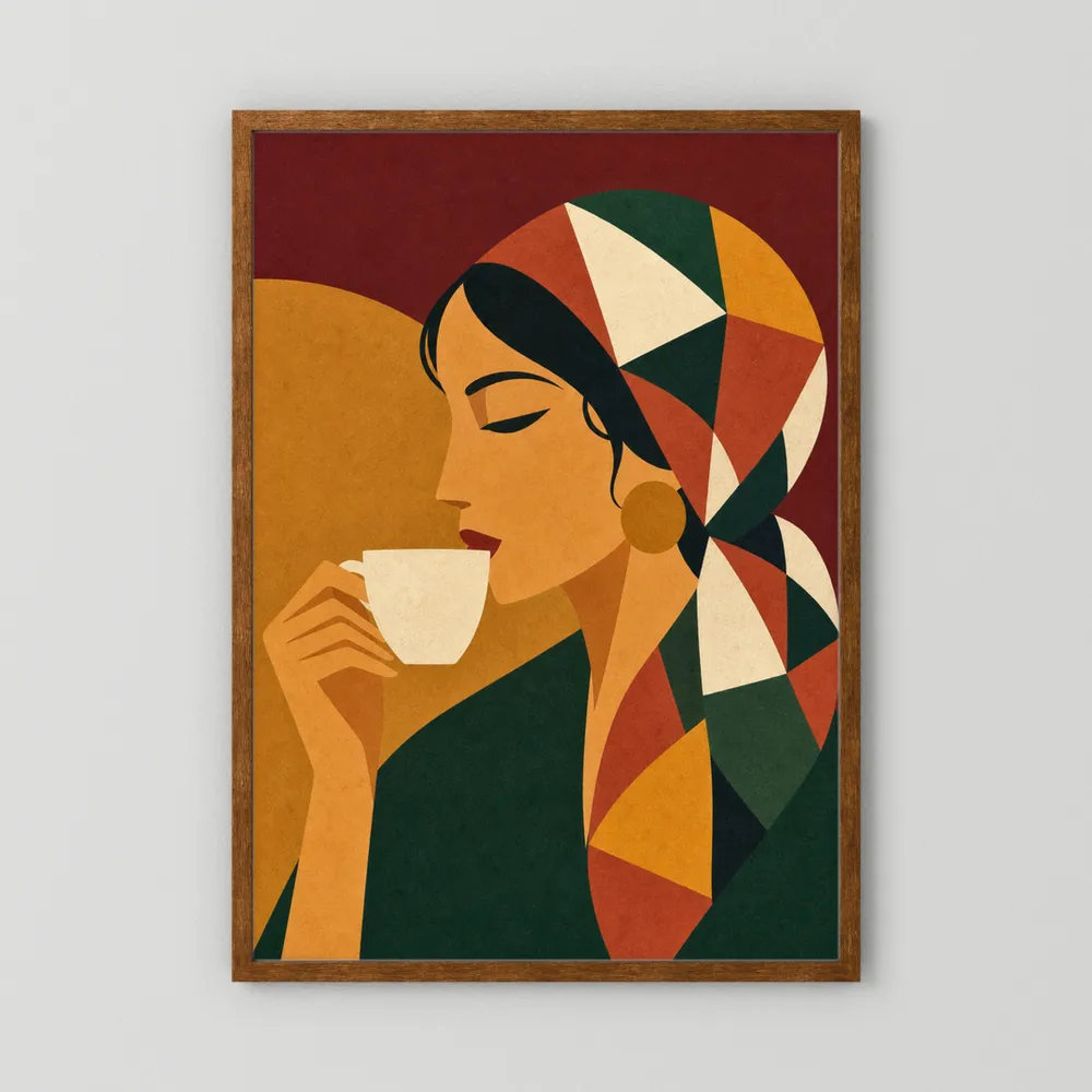 Woman Drinking Coffee with Geometric Headscarf Retro Art Print
