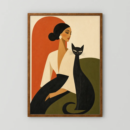 Woman with Sleek Black Cat Mid-Century Retro Art Print