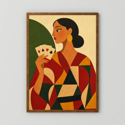 Woman Holding Playing Cards Mid-Century Art Deco Print