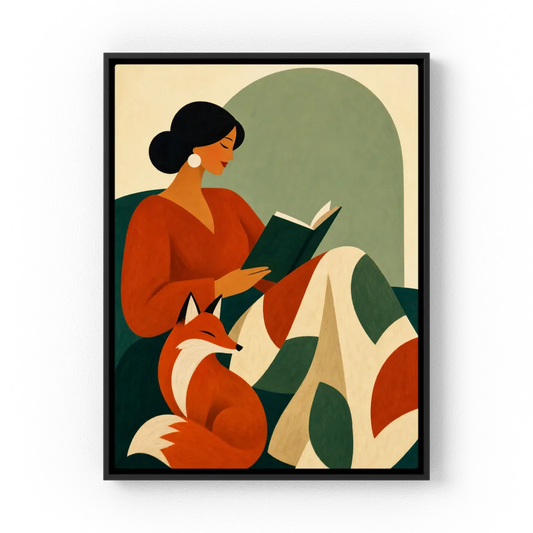 Woman Reading with Fox Mid-Century Retro Art Print