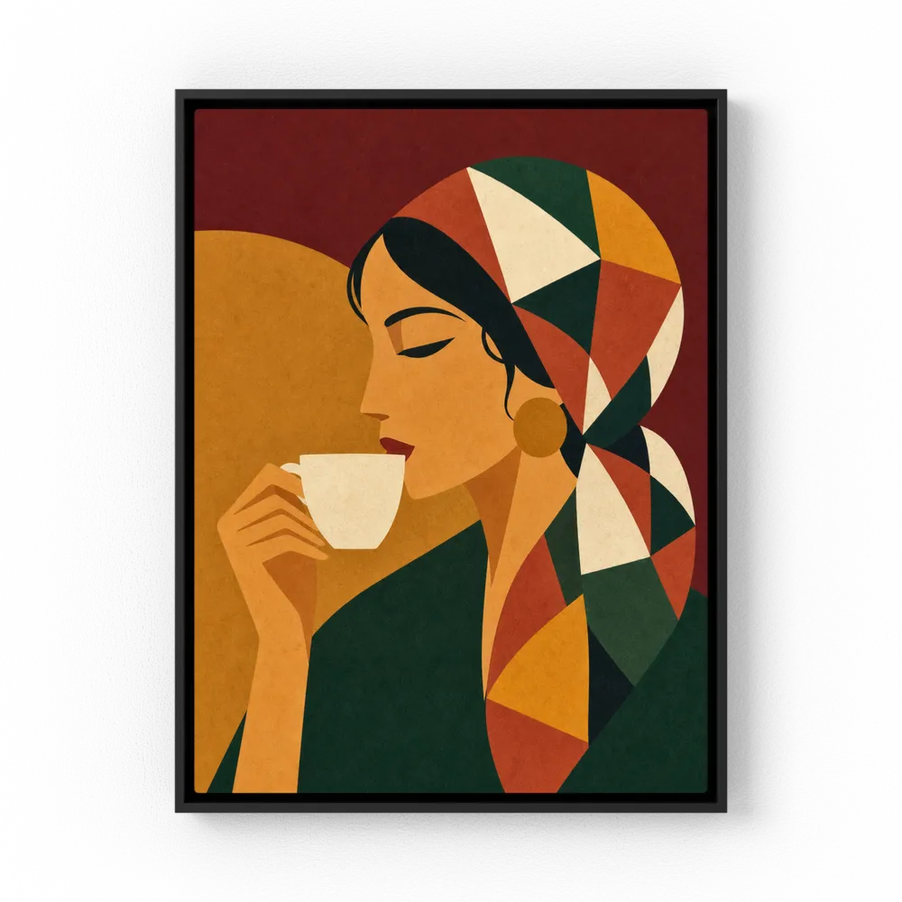 Woman Drinking Coffee with Geometric Headscarf Retro Art Print